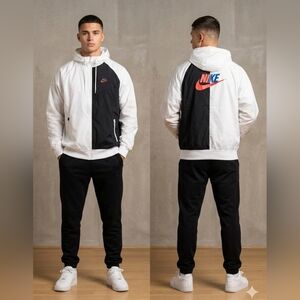 Nike Men's White and Black Windbreaker with Red And Blue Logo